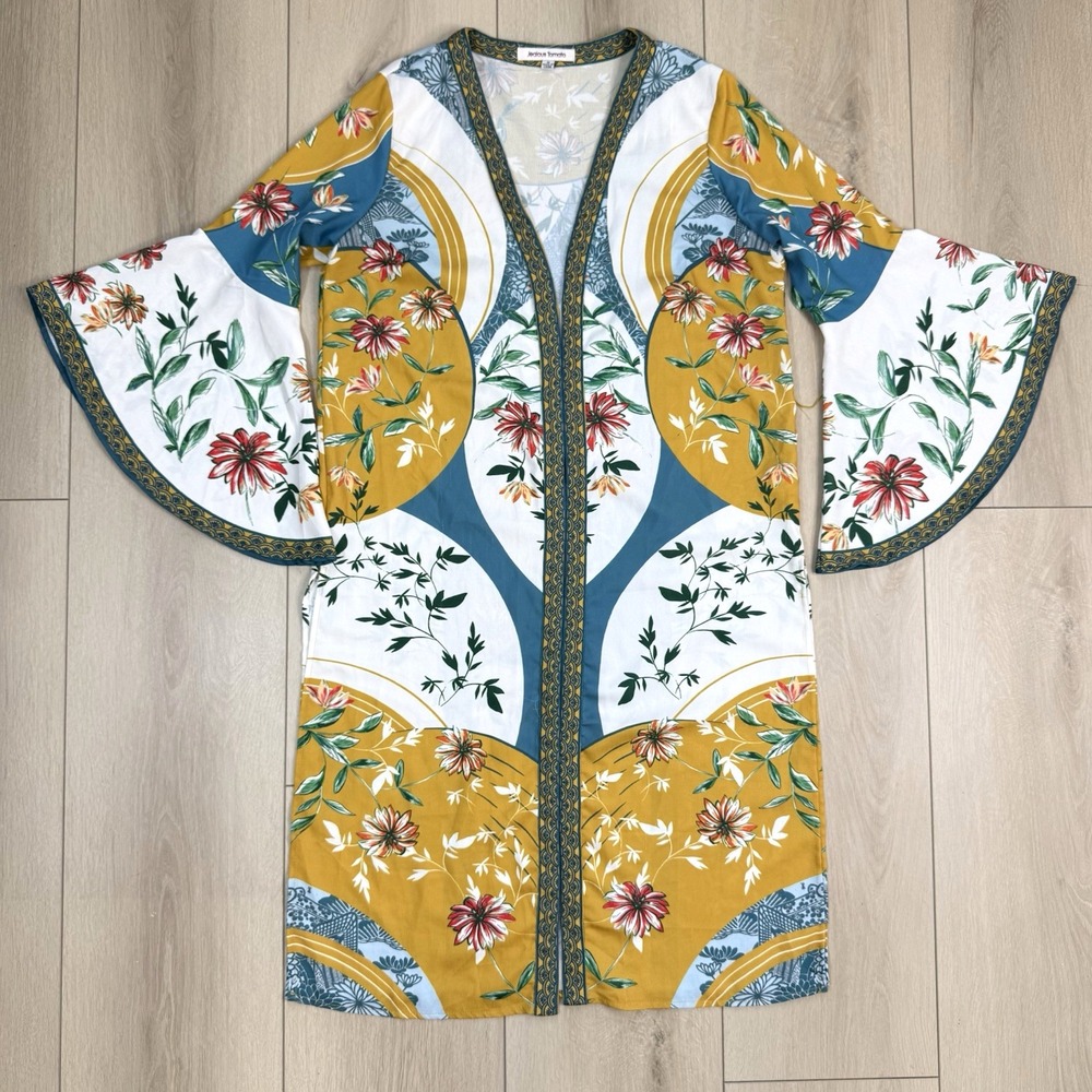 Jealous Tomato Boho Floral Kimono Robe Dress M Yellow Bell Sleeve Festival Duste